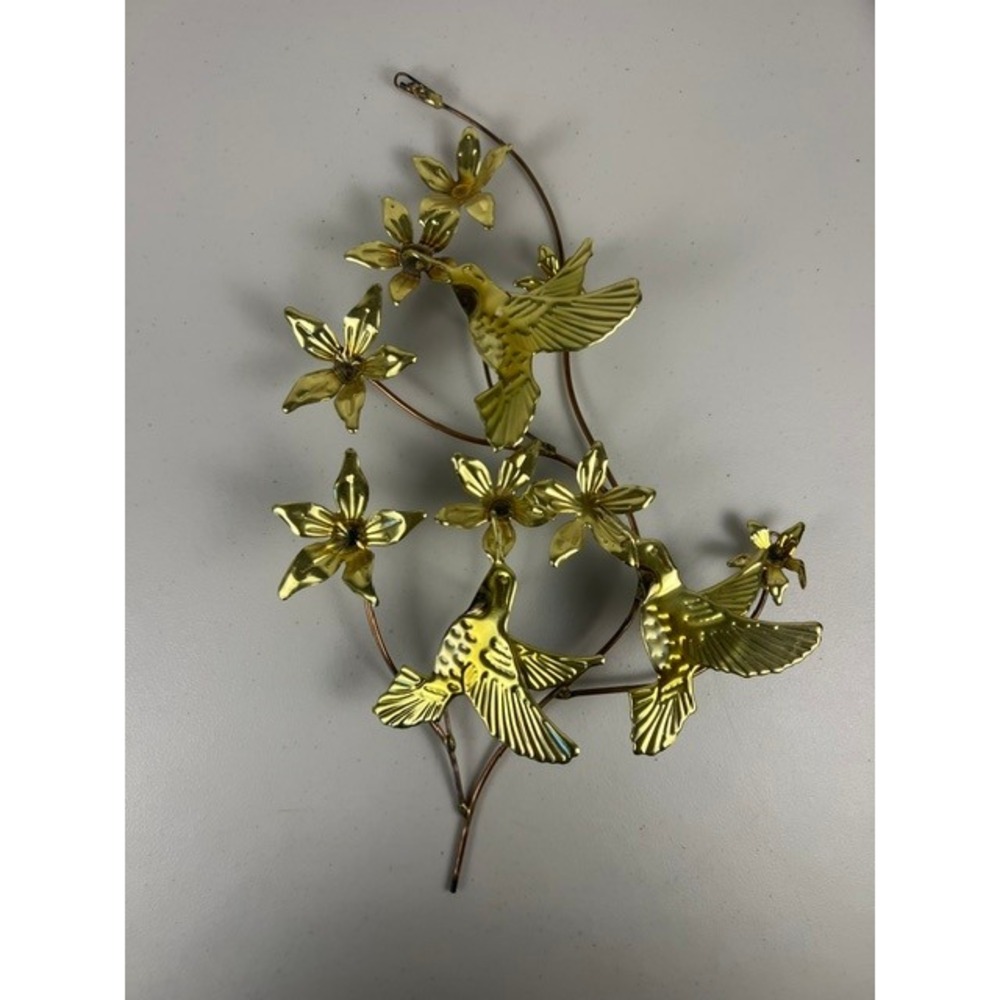 Vintage Brass Hummingbird Floral Wall Art Sculpture Mid Century Modern 18 Inch
